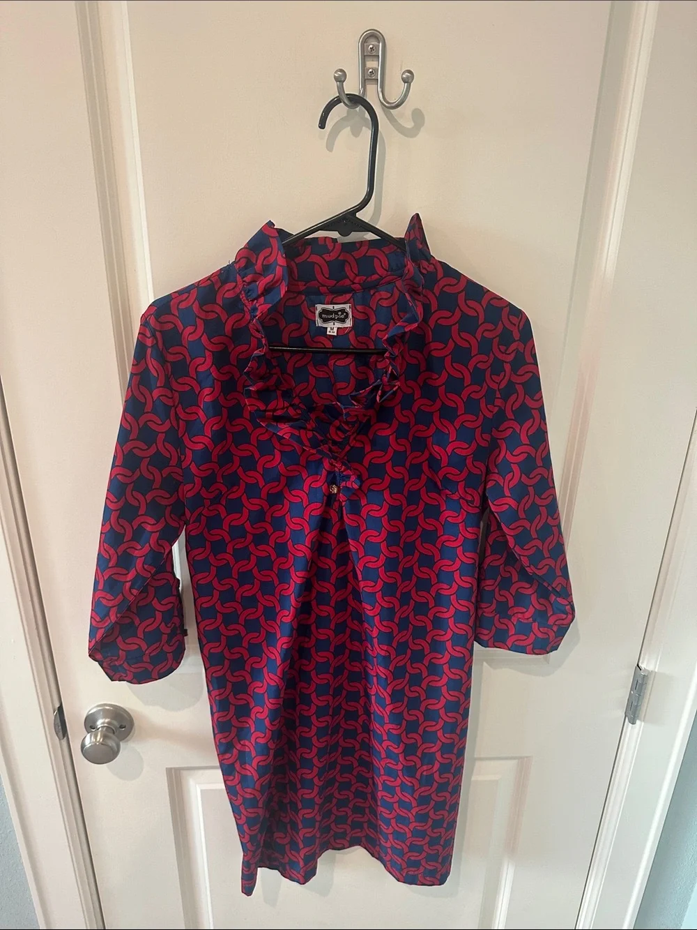 Mud Pie Navy & Pink Ruffle-Neck Patterned Tunic